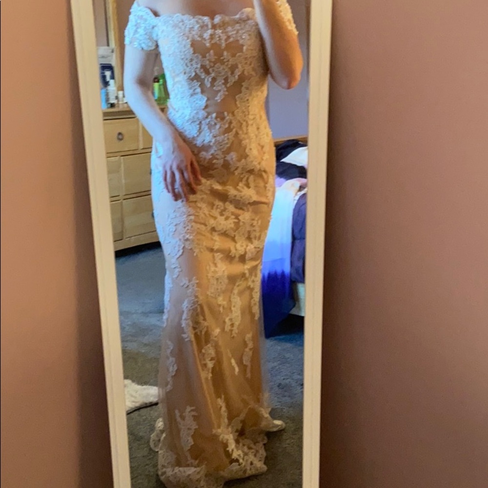 Clarisse Off the Shoulder White/Nude lace gown